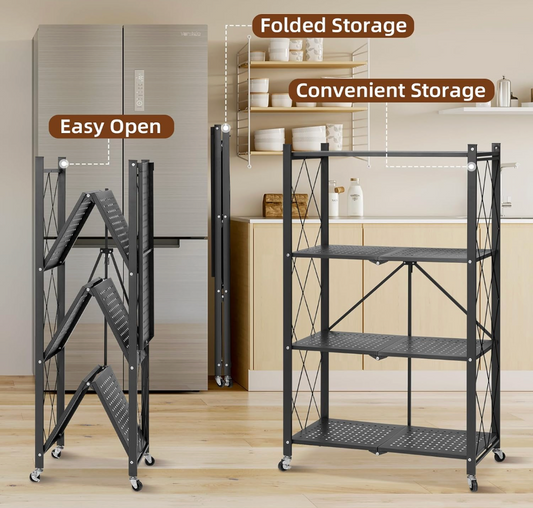 Estante Metálico Plegable de 4 Niveles con Ruedas