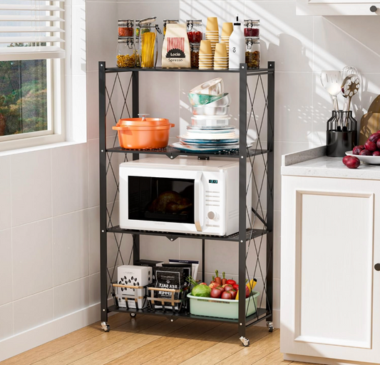 Estante Metálico Plegable de 4 Niveles con Ruedas