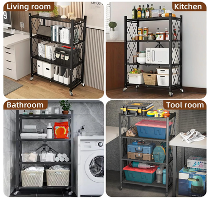 Estante Metálico Plegable de 4 Niveles con Ruedas