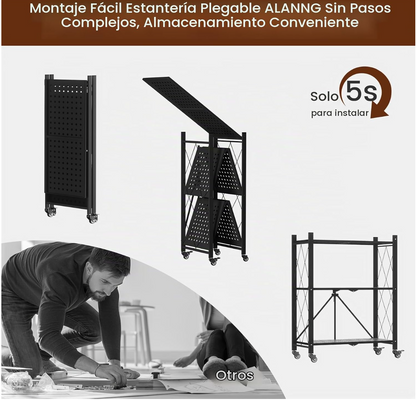 Estante Metálico Plegable de 3 Niveles con Ruedas