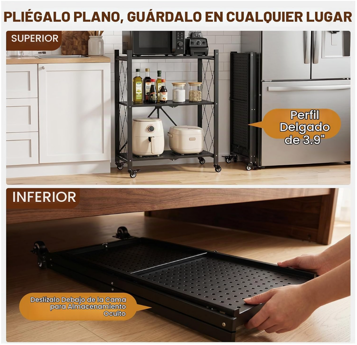 Estante Metálico Plegable de 3 Niveles con Ruedas