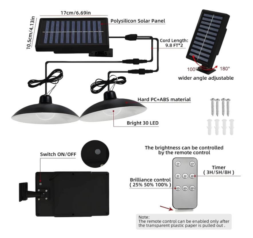 Lampara Luz LED Doble Colgante, Panel Solar y Control Remoto