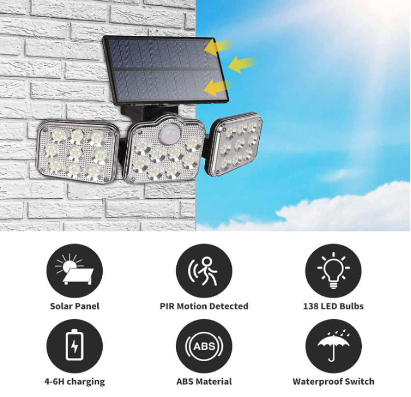 Luz solar LED 3 cabezales ajustables, con sensor de movimiento de 138 LED