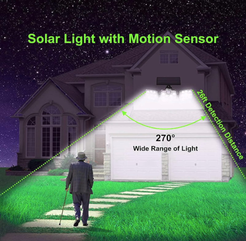 Luz solar LED 3 cabezales ajustables, con sensor de movimiento de 138 LED