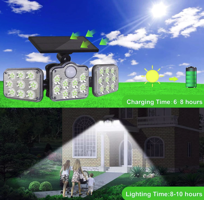 Luz solar LED 3 cabezales ajustables, con sensor de movimiento de 138 LED