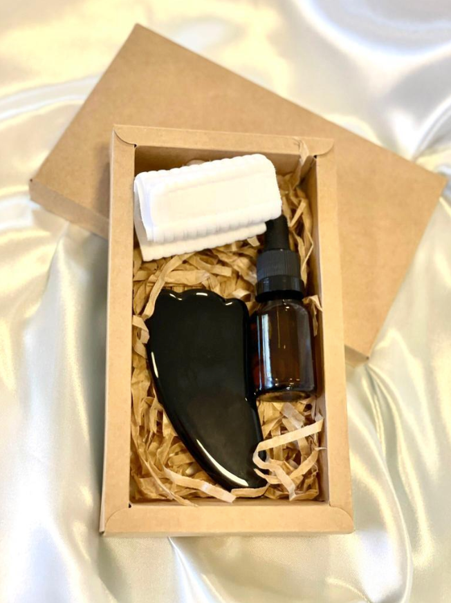 Kit Guasha Garra de Obsidiana Negra + Aceite de Almendras + Vincha Elástica de Regalo!!!