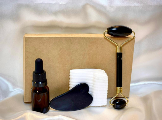 Kit Guasha y Roller de Obsidiana Negra +Aceite de Almendras + Vincha Elástica de Regalo!!!