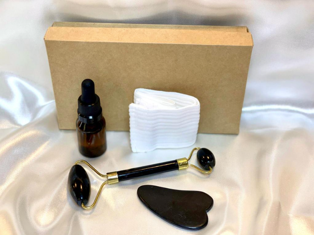 Kit Guasha y Roller de Obsidiana Negra +Aceite de Almendras + Vincha Elástica de Regalo!!!