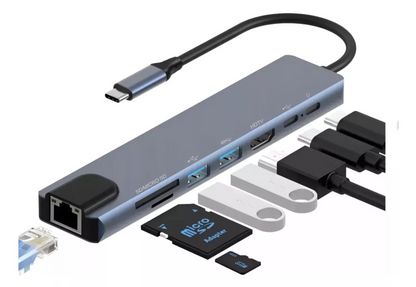 Hub Usb-c 8 En 1 Con Hdmi, Usb Ethernet Lector Tarjetas Memo