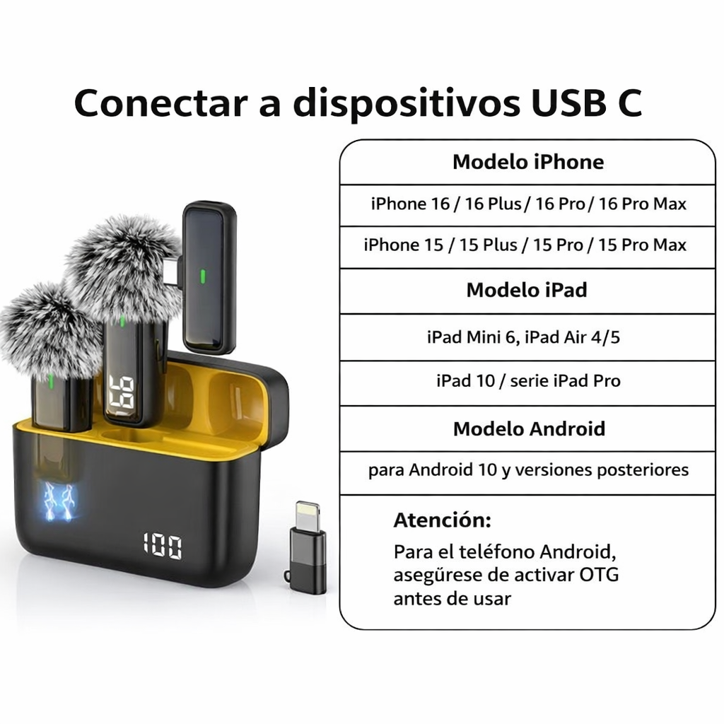 Micrófono Inalámbrico Solapero USB-C / Lightning – Grabación Profesional para iPhone y Android