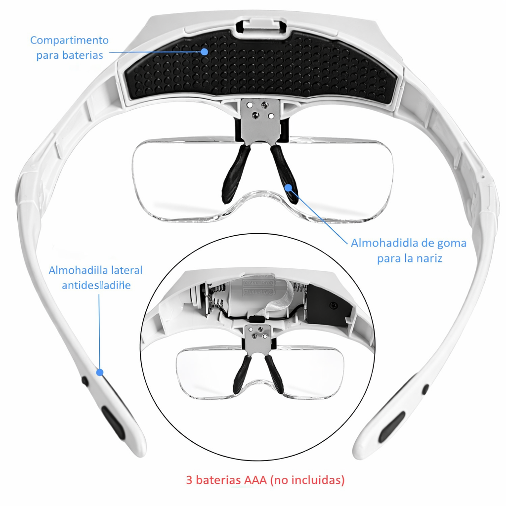 Lentes Lupa Vincha Cabeza Luz LED y 5 Lentes Intercambiables Manos Libres