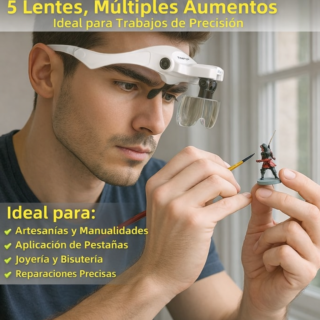 Lentes Lupa Vincha Cabeza Luz LED y 5 Lentes Intercambiables Manos Libres