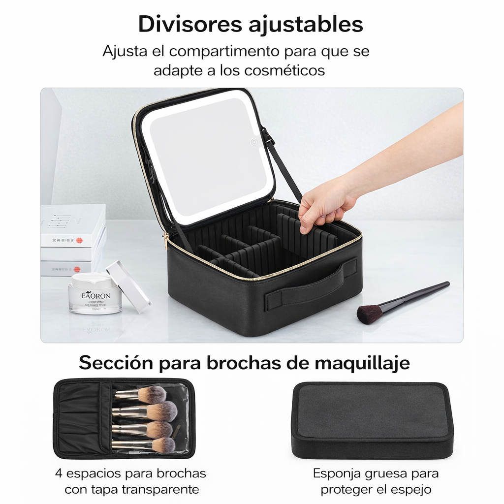 Maletín Organizador Cosméticos con Espejo LED Cuero Vegano