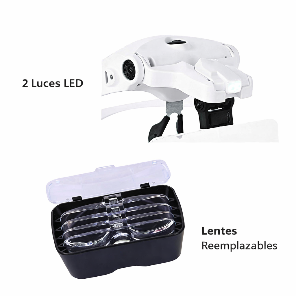 Lentes Lupa Vincha Cabeza Luz LED y 5 Lentes Intercambiables Manos Libres