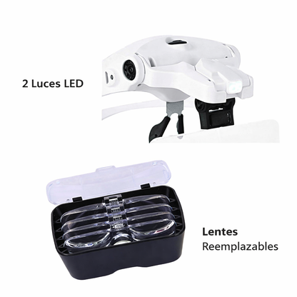 Lentes Lupa Vincha Cabeza Luz LED y 5 Lentes Intercambiables Manos Libres