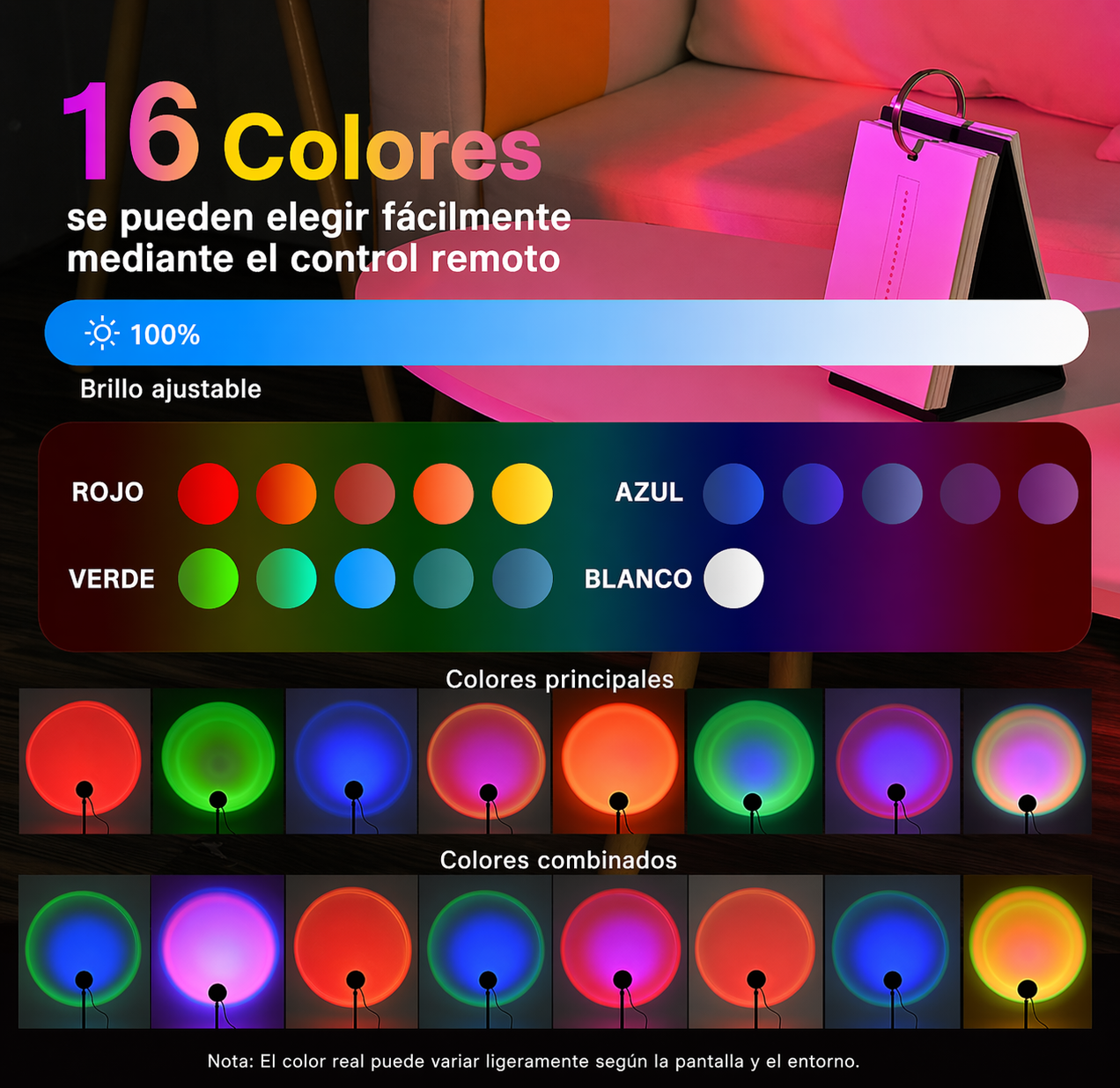 Lampara proyector sunset 16 colores control remoto decoracion