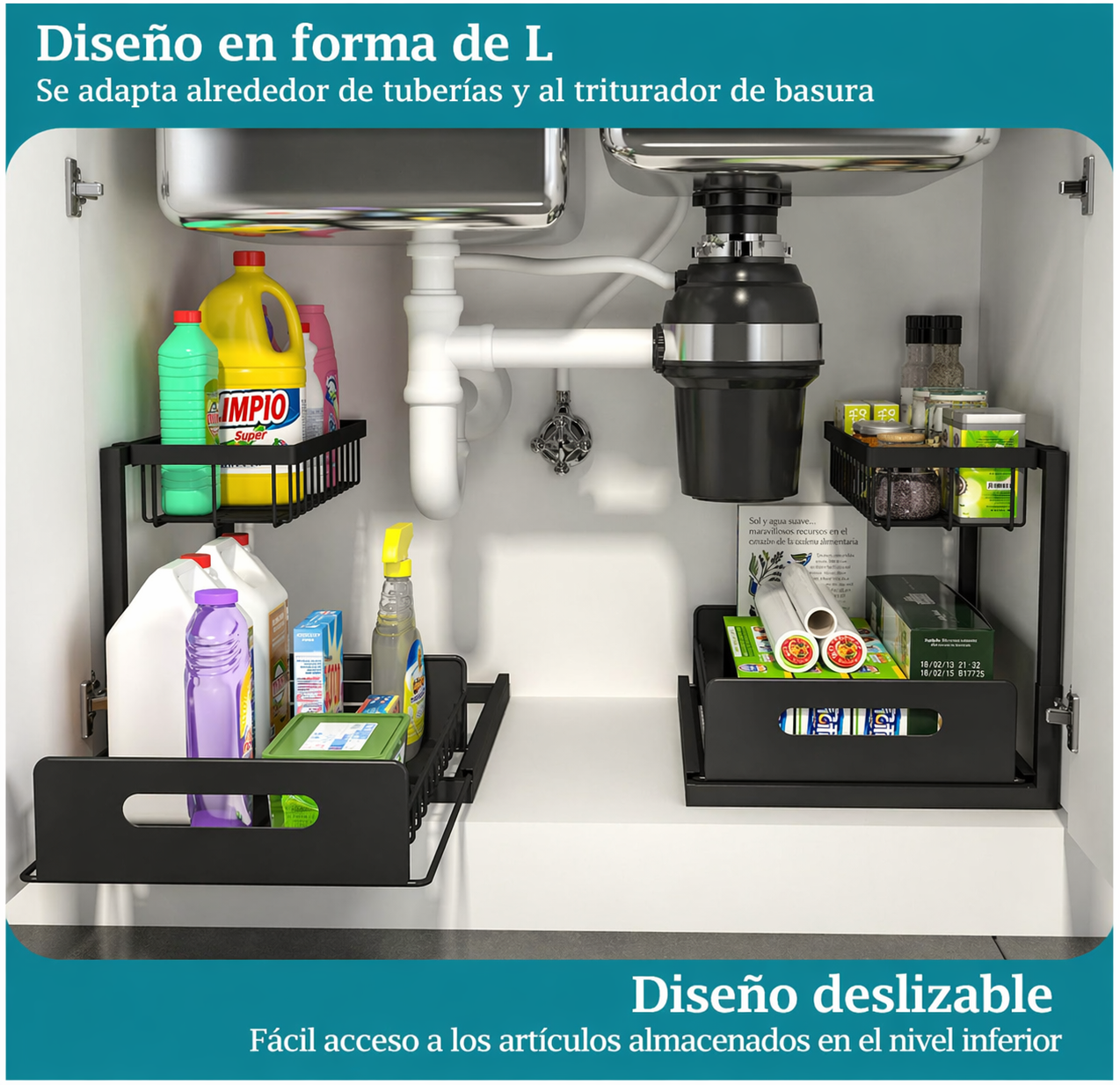 Organizador cocina 2 niveles especias bajo fregadero metal