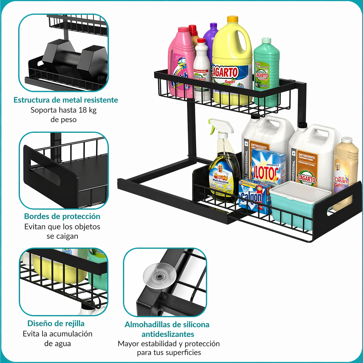 Organizador cocina 2 niveles especias bajo fregadero metal