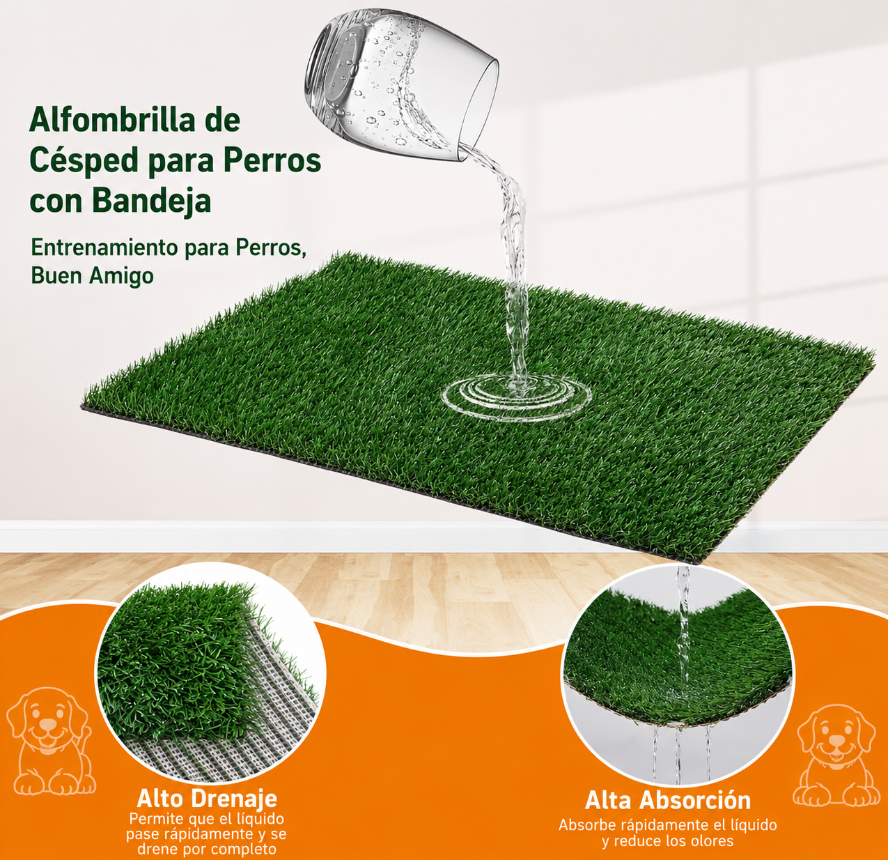 Alfombra sanitaria perros pasto artificial interior bandeja