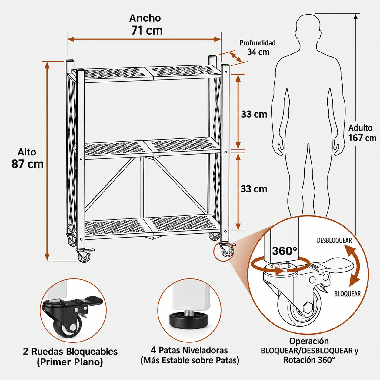 Estante Metálico Plegable de 3 Niveles con Ruedas
