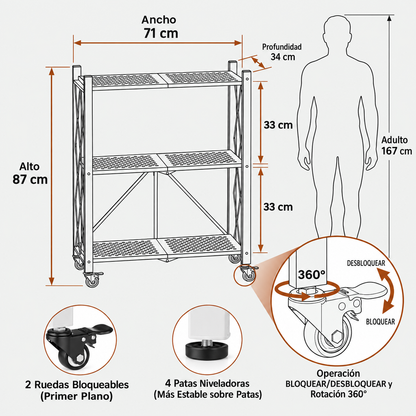 Estante Metálico Plegable de 3 Niveles con Ruedas