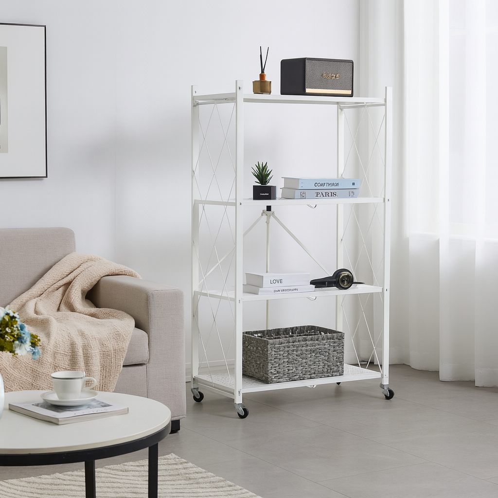 Estante Metálico Plegable de 4 Niveles con Ruedas
