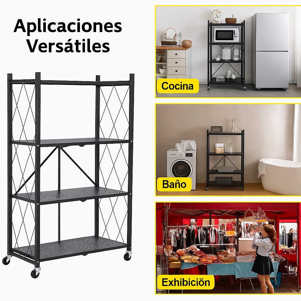 Estante Metálico Plegable de 4 Niveles con Ruedas