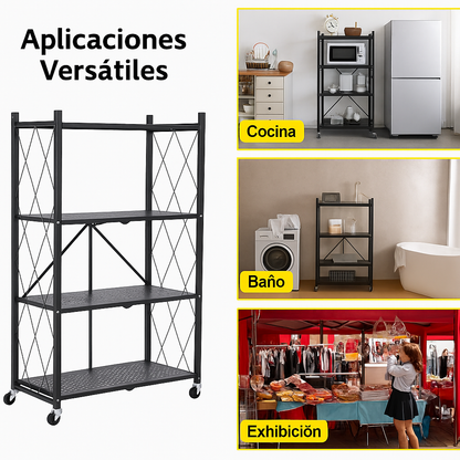 Estante Metálico Plegable de 4 Niveles con Ruedas