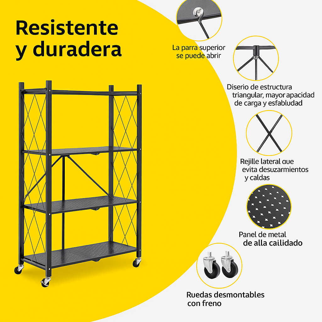 Estante Metálico Plegable de 4 Niveles con Ruedas