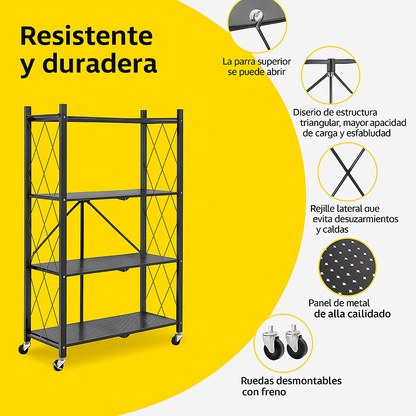 Estante Metálico Plegable de 4 Niveles con Ruedas