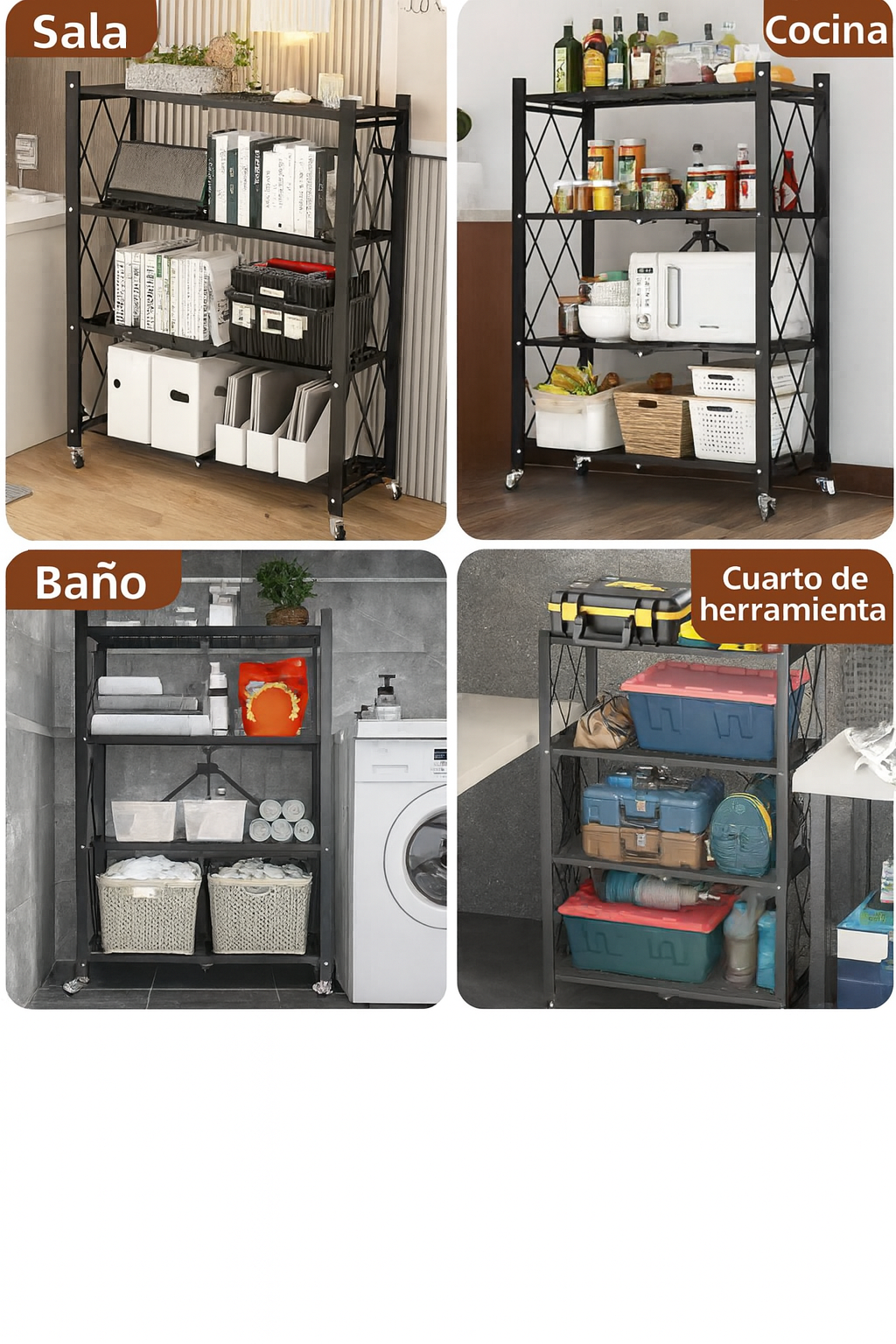 Estante Metálico Plegable de 4 Niveles con Ruedas