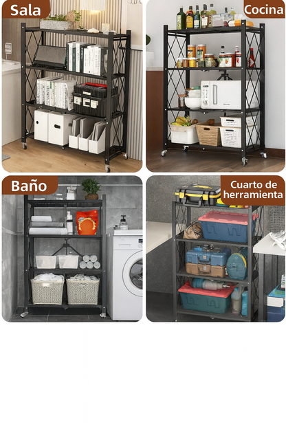 Estante Metálico Plegable de 4 Niveles con Ruedas