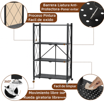 Estante Metálico Plegable de 4 Niveles con Ruedas