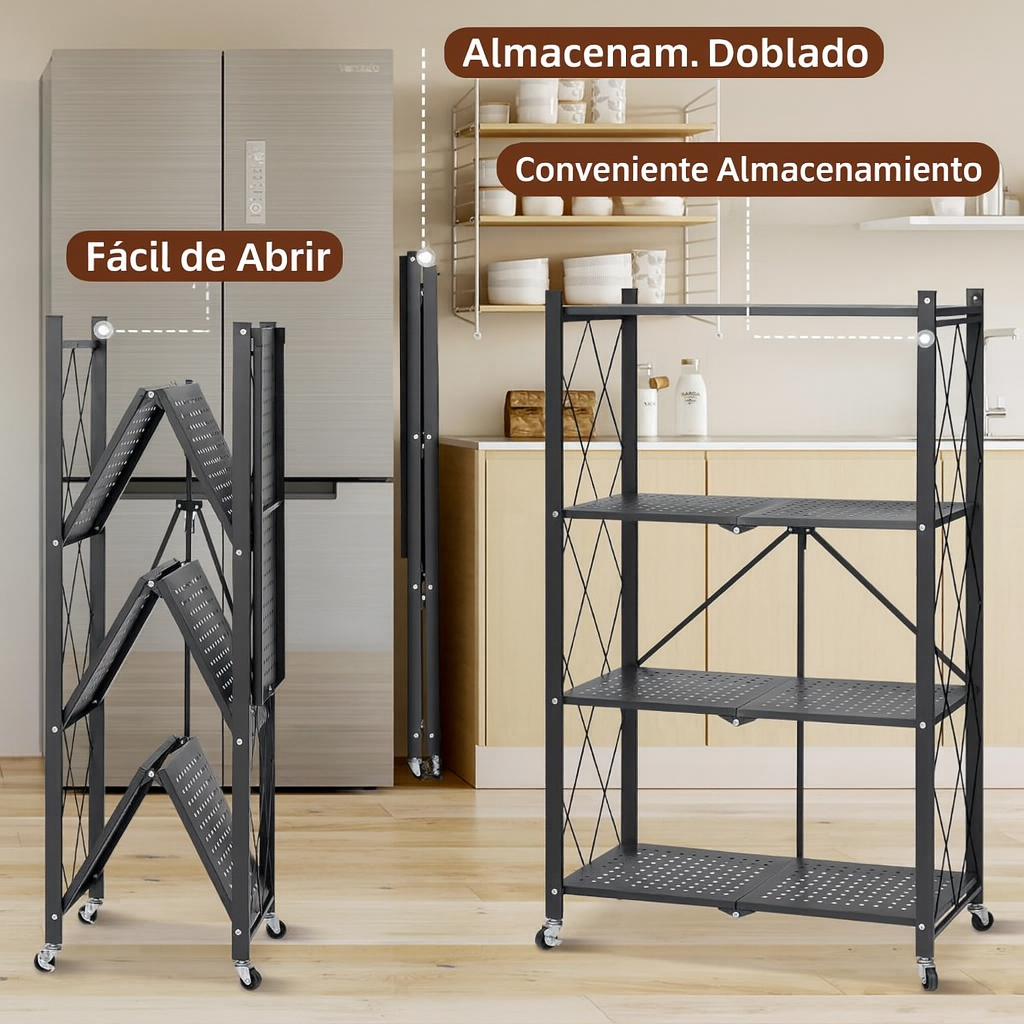 Estante Metálico Plegable de 4 Niveles con Ruedas