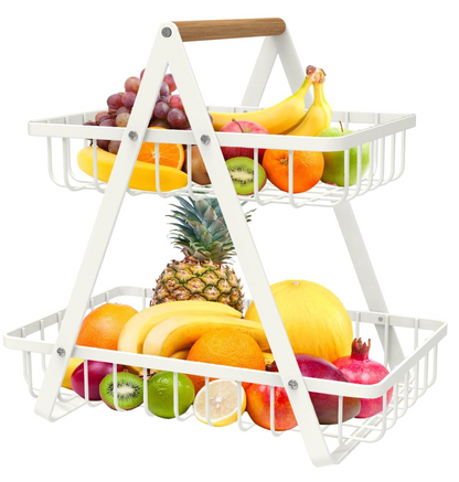 Frutero Canasta 2 Niveles Metal Antióxido Mango Madera