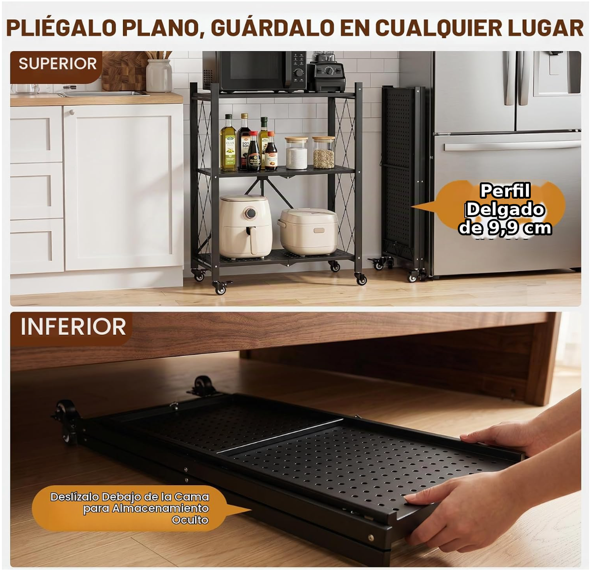 Estante Metálico Plegable de 3 Niveles con Ruedas