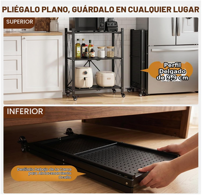 Estante Metálico Plegable de 3 Niveles con Ruedas